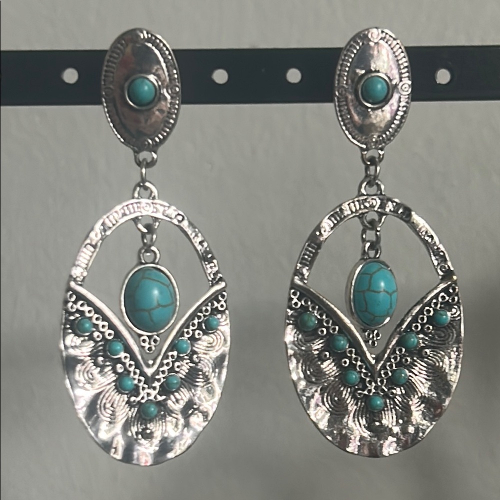 Silver Tone Turquoise Dyed Howlite   Southwestern Earrings with Ornate Metalwork
